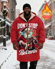 Big & Tall Men's Red DON'T STOP Believin' Santa Claus Playing Guitar Printed Velvet Thickened Long Hooded Coat