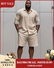Men's plus-size casual daily long-sleeved shirt and shorts suit