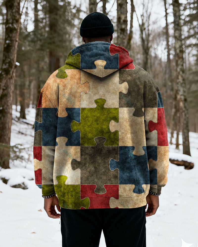 Big & Tall Men's Multicolor Puzzle Print Velvet Thickened Zip Hoodie