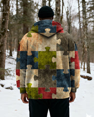 Big & Tall Men's Multicolor Puzzle Print Velvet Thickened Zip Hoodie