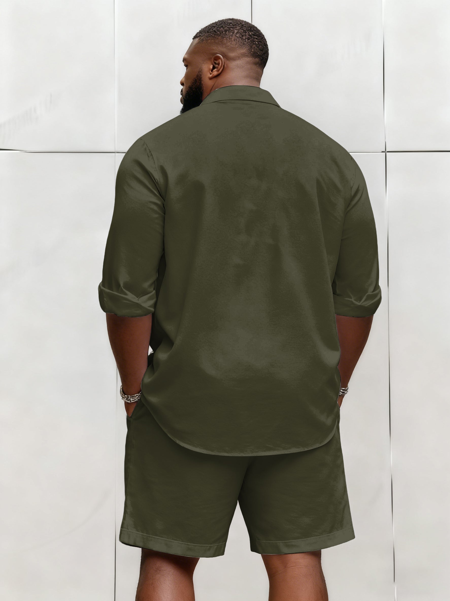 Big & Tall Men's Business Solid Color Long Sleeve Shirt Shorts Set