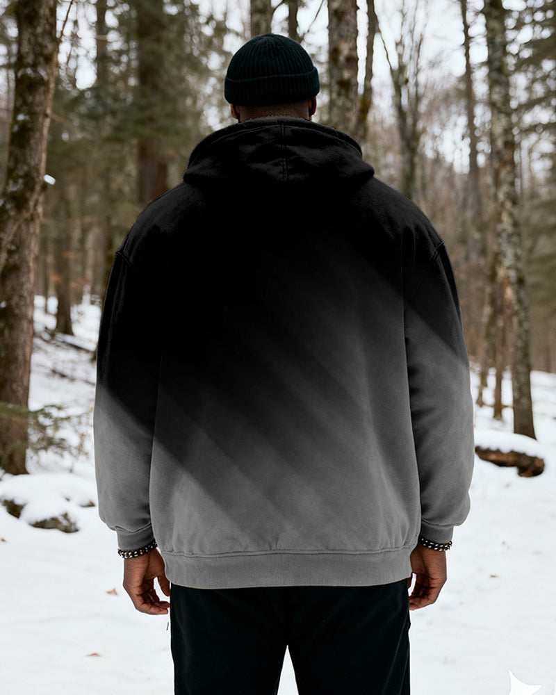 Big & Tall Men's Black And Red Gradient Print Velvet Thickened Zip Cardigan Hoodie