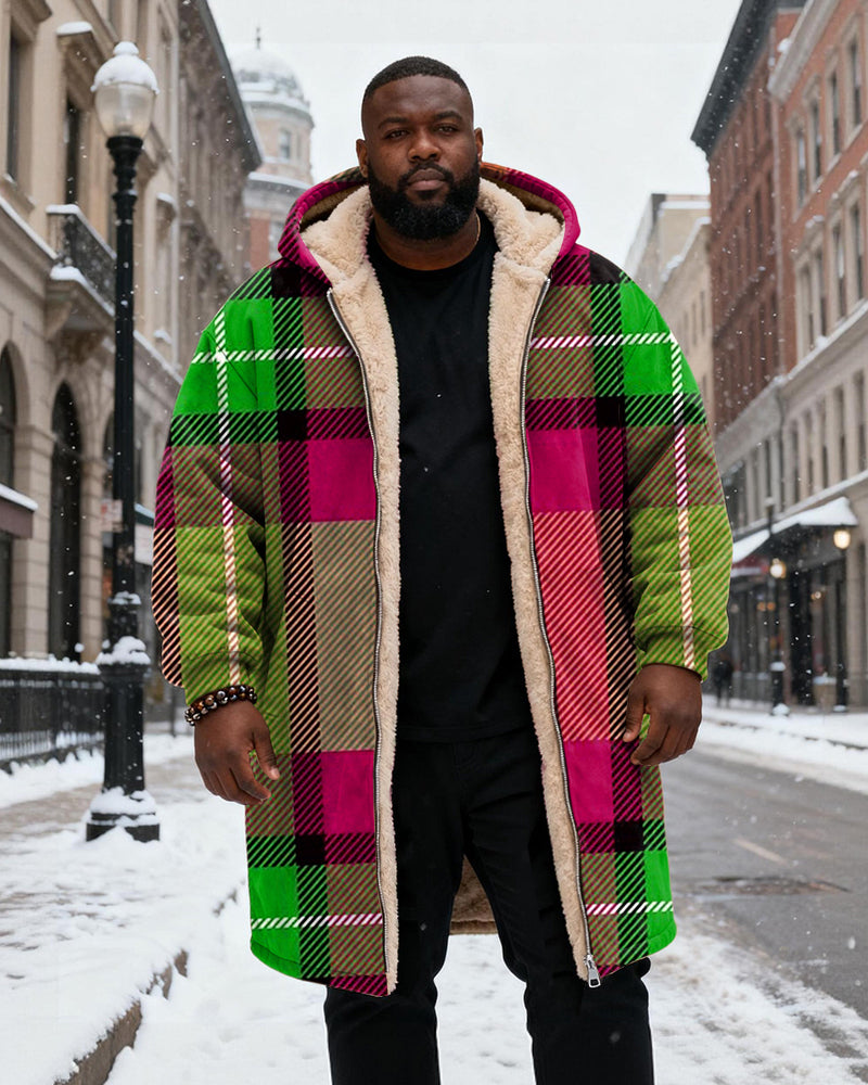 Big & Tall Men's Green Pink Plaid Printed Velvet Thickened Long Hooded Coat