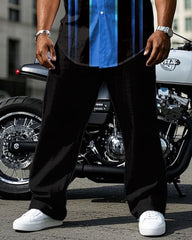 Men's Plus Size Black & Blue Colorblock Line Gradient Design Short Sleeve Shirt Pants Suit
