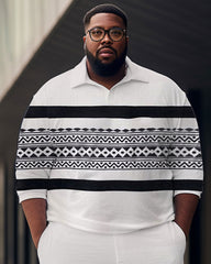 Men's Large Size Simple Striped Jacquard Sports Zip Shirt and Pants Two-Piece Set