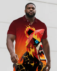Big & Tall Guy's Gradient Angry Cartoon Bear Printed Casual Short-Sleeve Polo Shirt Shorts Set