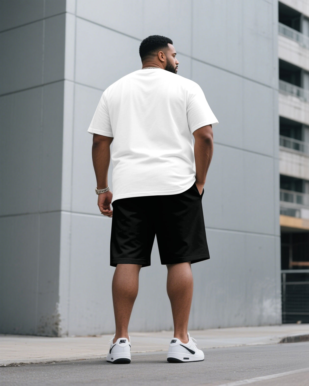 Big & Tall Men White & Black 3D Lion Print Round Neck Short Sleeve T-Shirt Shorts Suit
