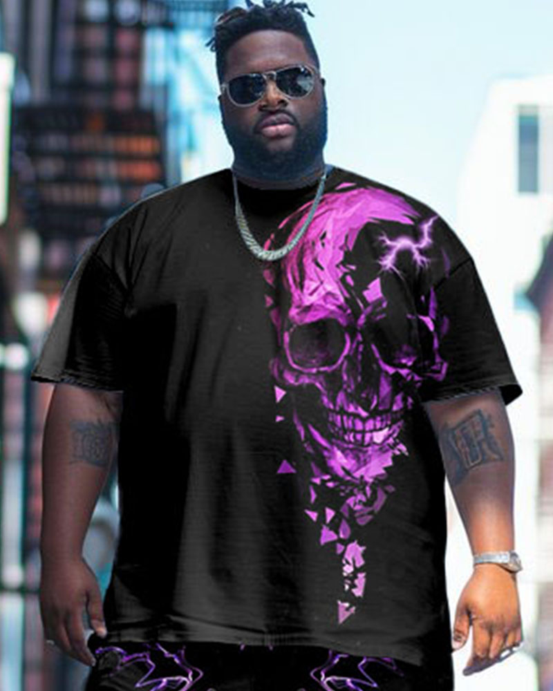 Men's Plus Size Street Fashion Electric Shock Irregular Skull Print T-Shirt Shorts Suit