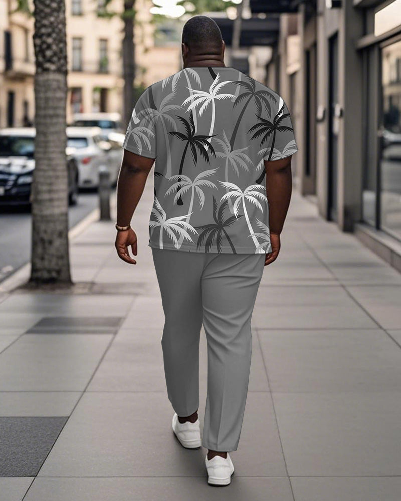 Men's Plus Size Grey Coconut Tree Print Henley Collar T-Shirt Trousers Suit