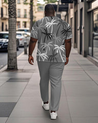 Men's Plus Size Grey Coconut Tree Print Henley Collar T-Shirt Trousers Suit