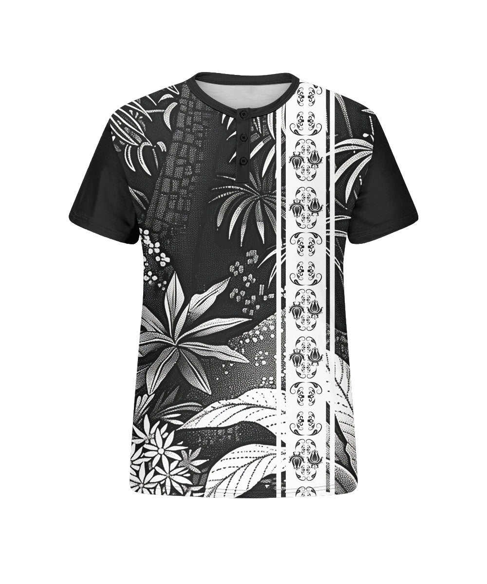 Men's Plus Size Black And White Gradient Abstract Floral Print Henry Collar Button Short Sleeve T-shirt