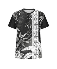 Men's Plus Size Black And White Gradient Abstract Floral Print Henry Collar Button Short Sleeve T-shirt