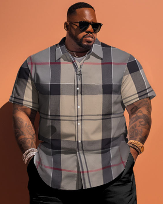 Big Men Classic Khaki Plaid Short Sleeve Shirt Shorts Set