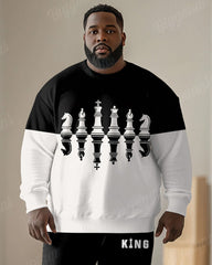 Men's Simple Black And White Color Block King Letter Print Plus Size Round Neck Sweatshirt Suit