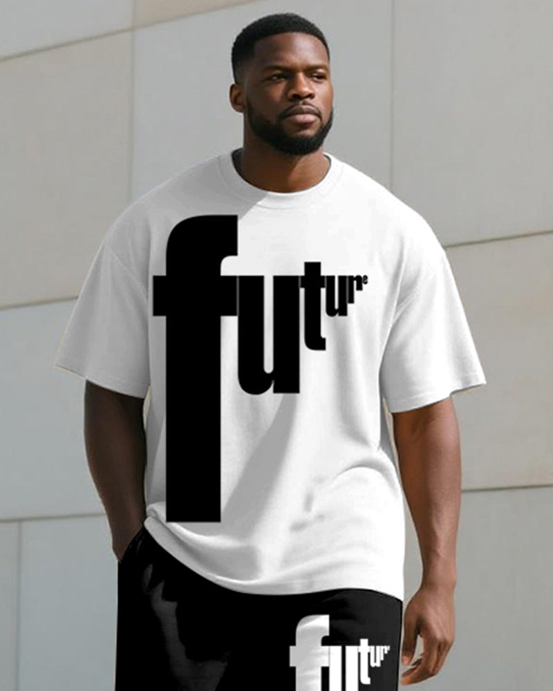 Men's Plus Size Black And White Future Letter Print T-shirt Trousers Suit