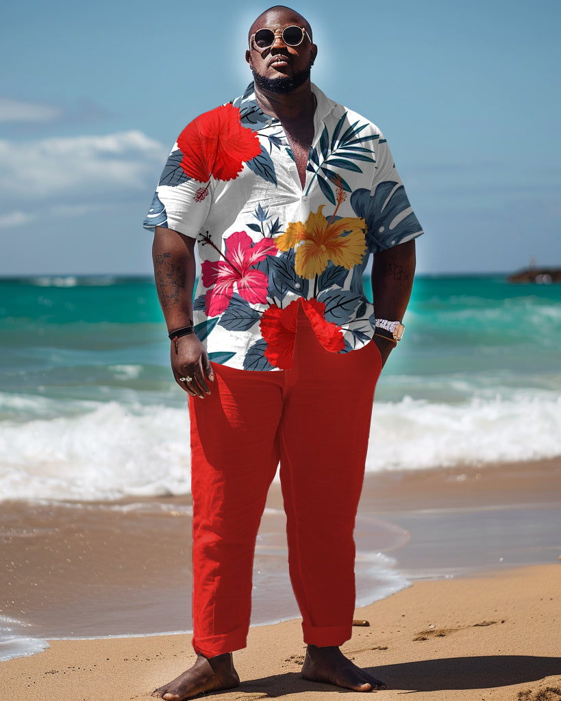 Men's Big & Tall Hawaiian Plant Print Short Sleeve Shirt Trousers Set