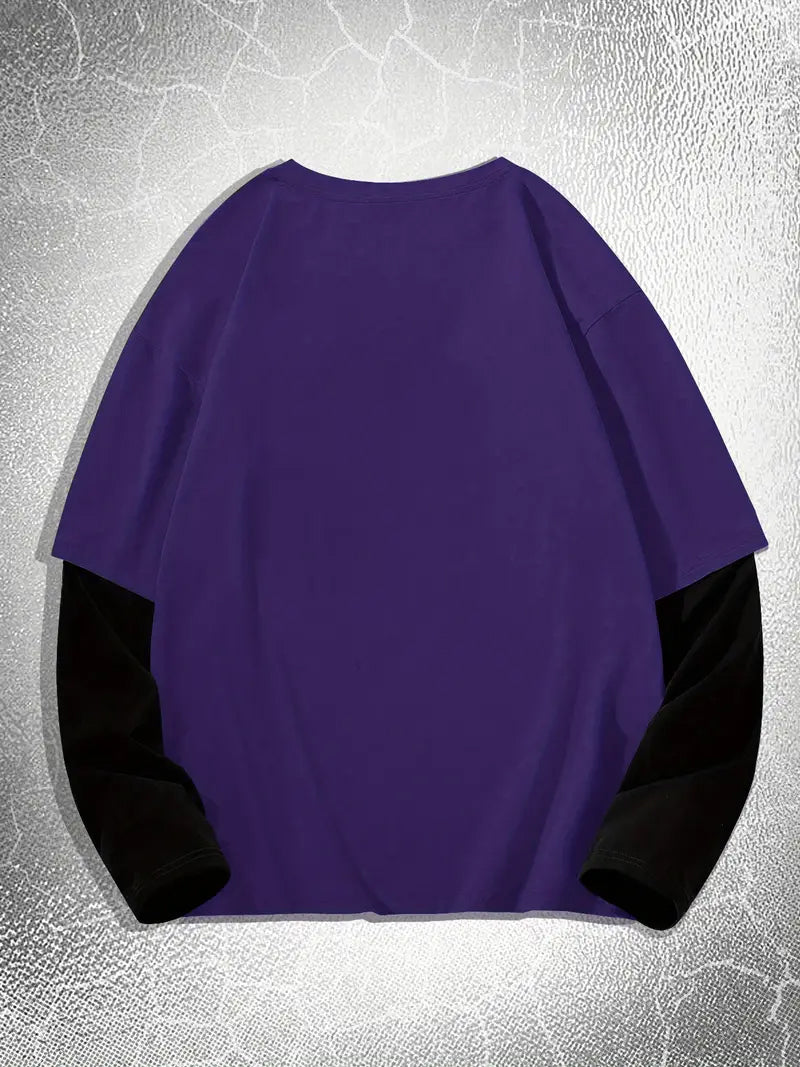 Big & Tall Men's Religious Thorn Head Printed Fake Two Long Sleeve T-Shirts