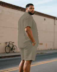 Men's Plus Size Khaki Placket Stitching Black Characteristic Short Sleeve Shirt Shorts Suit