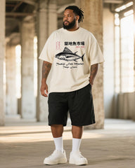 Big & Tall Men's Retro Japan Tokyo Tsukiji OTC Market Printed Round Neck Short Sleeve T-Shirt Shorts Suit