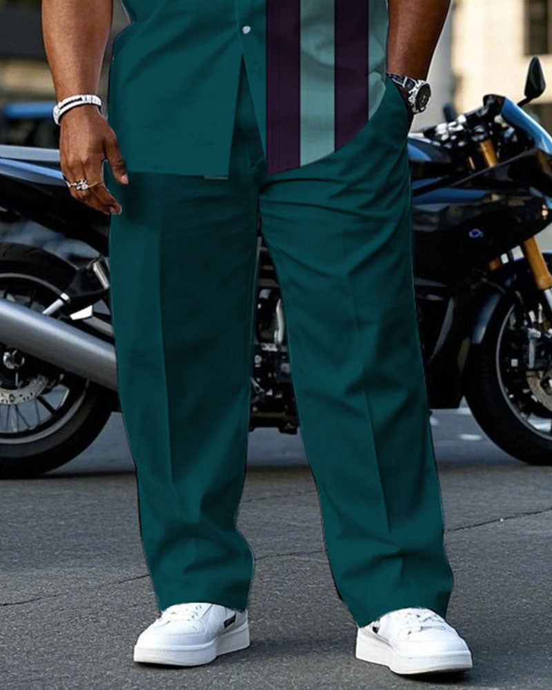 Men's Plus Size Simple Noble Green & Purple Colorblock Short-sleeved Shirt Pants Suit