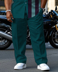 Men's Plus Size Simple Noble Green & Purple Colorblock Short-sleeved Shirt Pants Suit