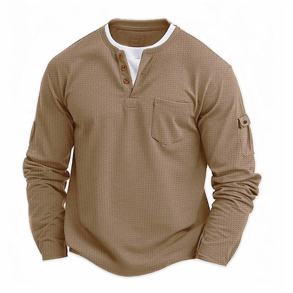 Big & Tall Men's Solid Color Fake Two-Piece V-Neck Waffled Long-Sleeved T-Shirt S-2XL