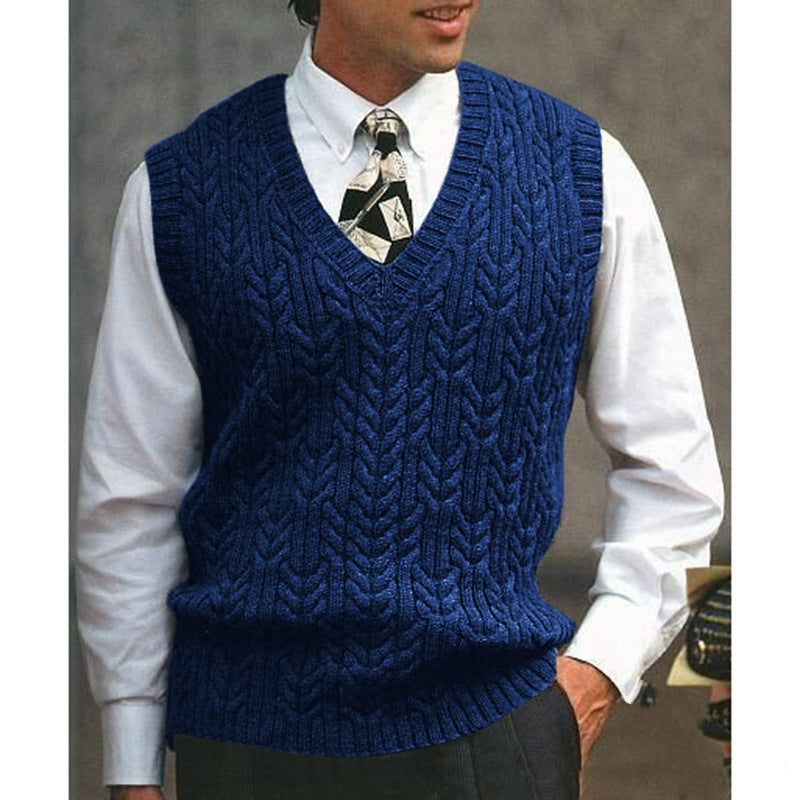 Big & Tall Men's Solid Color Twisted V-neck Knitted Waistcoat S-3XL