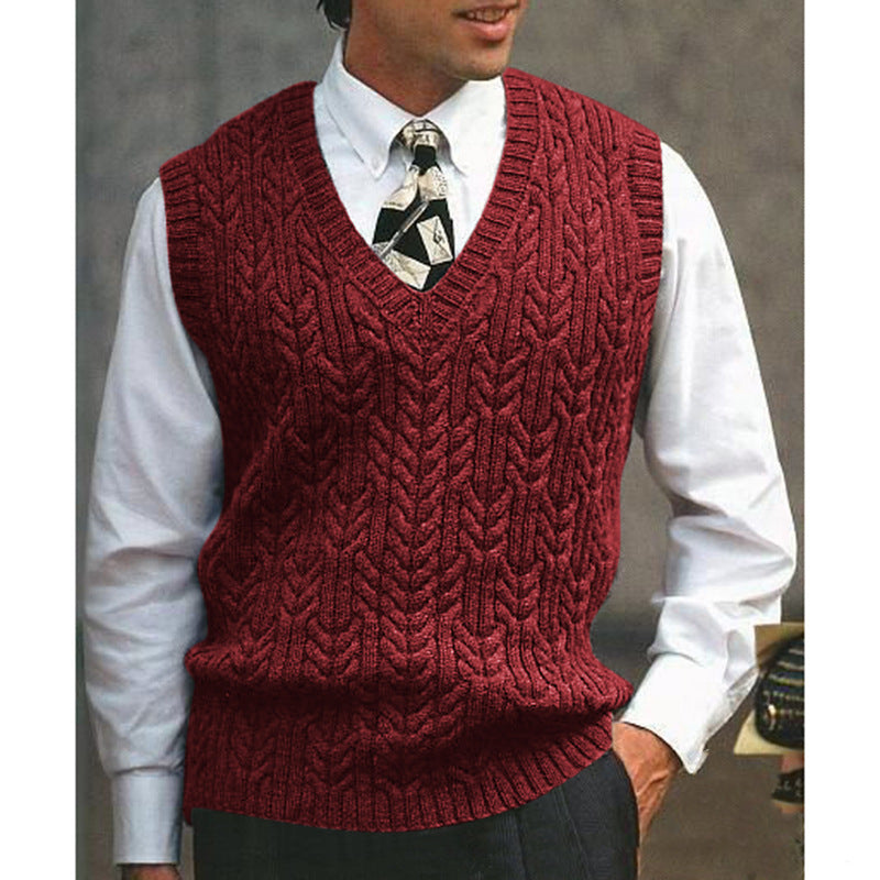 Big & Tall Men's Solid Color Twisted V-neck Knitted Waistcoat S-3XL