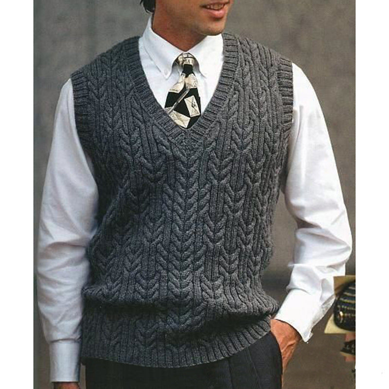 Big & Tall Men's Solid Color Twisted V-neck Knitted Waistcoat S-3XL