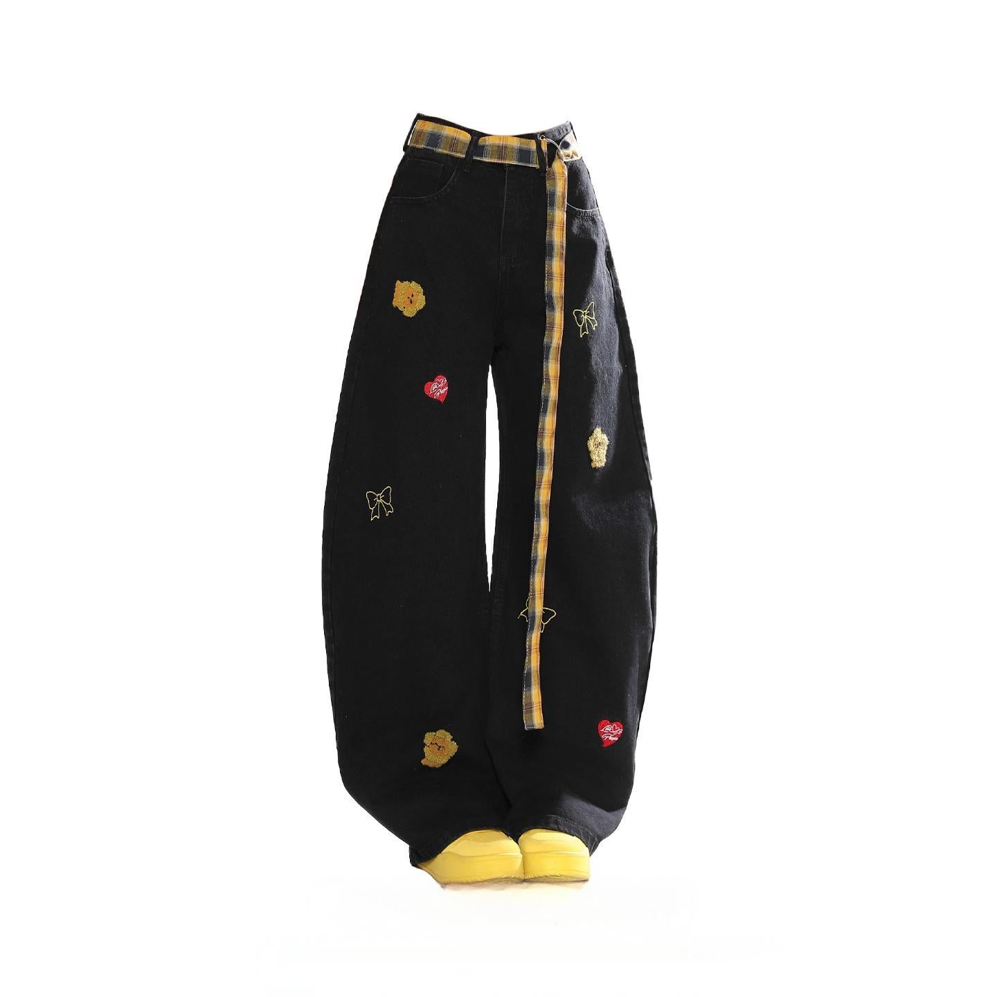 Big & Tall Men's Cartoon Embroidered Loose Jeans With Plaid Belt  S-3XL