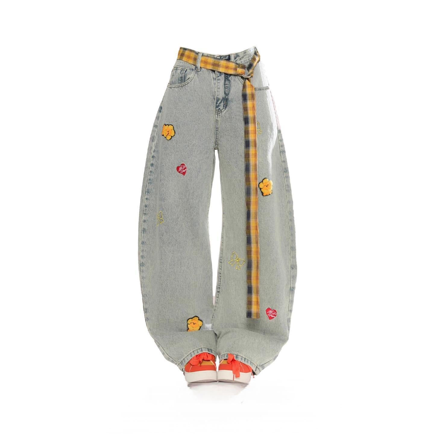 Big & Tall Men's Cartoon Embroidered Loose Jeans With Plaid Belt  S-3XL