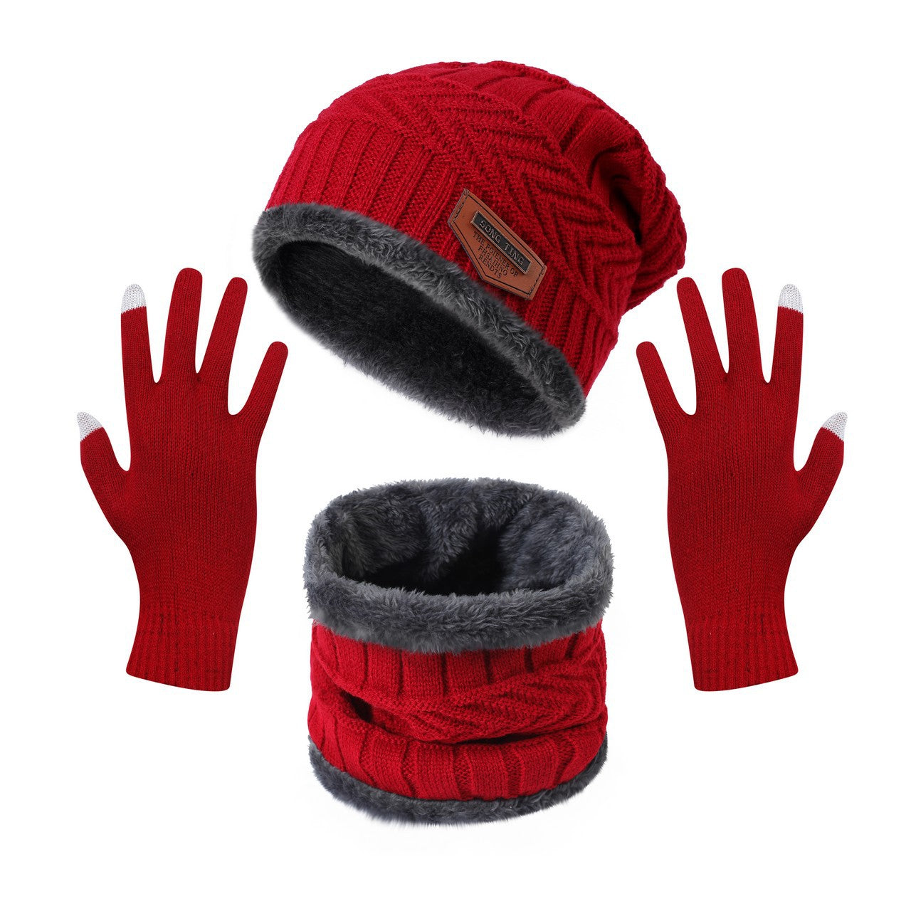 Winter Warm Thick Hat Scarf Solid Color Touch Screen Gloves Three-piece Set