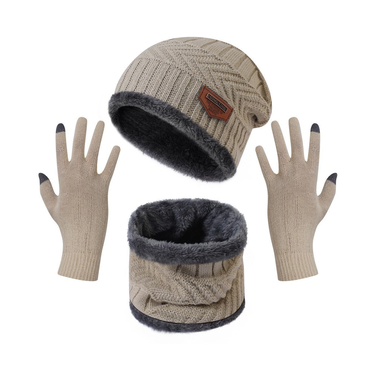 Winter Warm Thick Hat Scarf Solid Color Touch Screen Gloves Three-piece Set