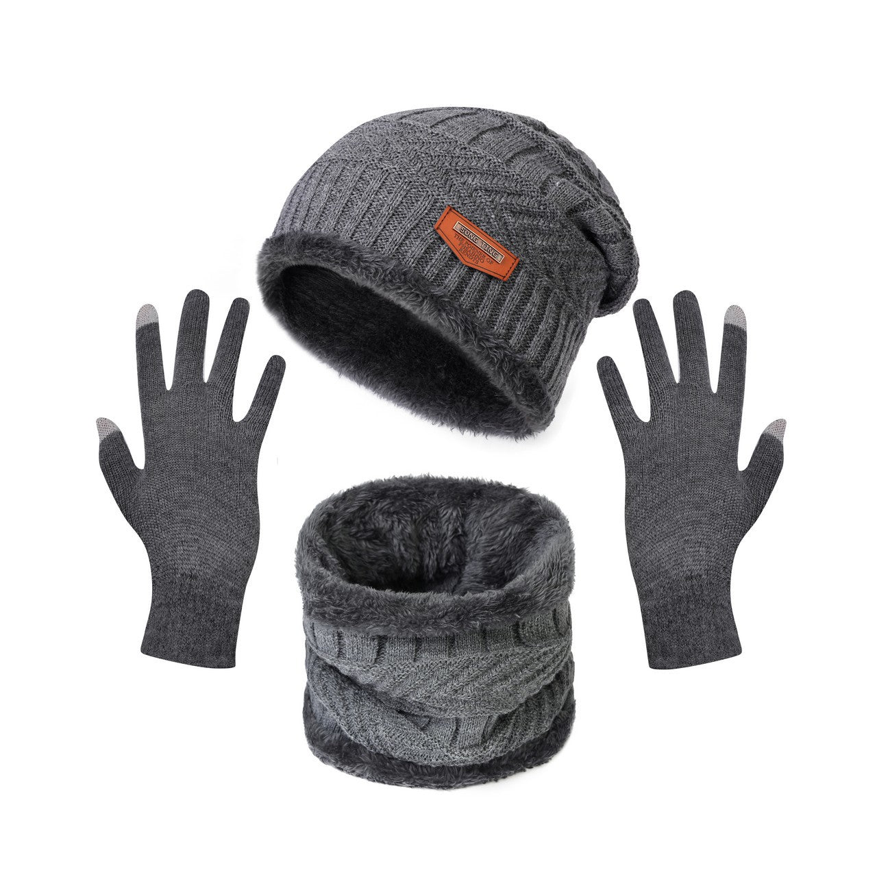Winter Warm Thick Hat Scarf Solid Color Touch Screen Gloves Three-piece Set