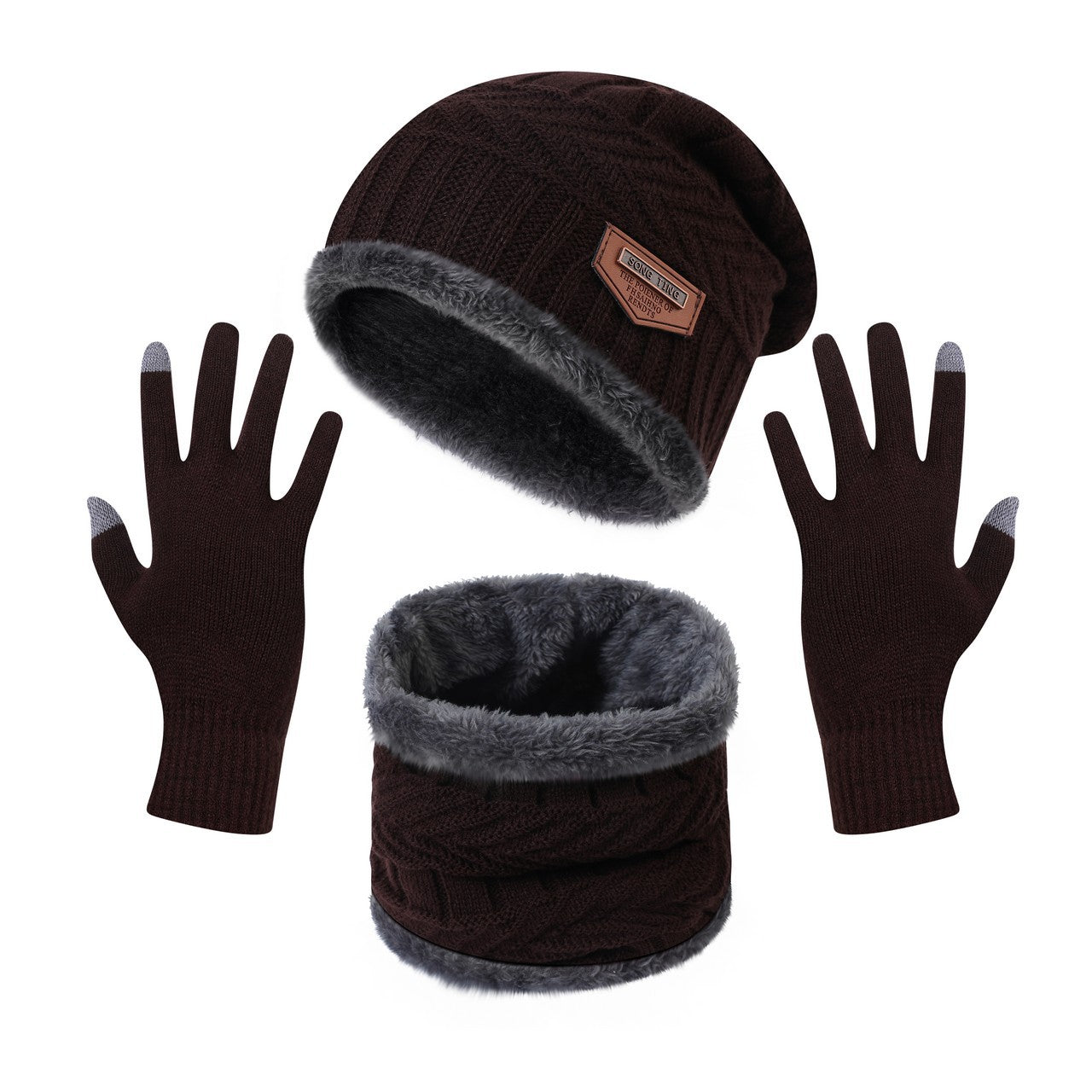Winter Warm Thick Hat Scarf Solid Color Touch Screen Gloves Three-piece Set