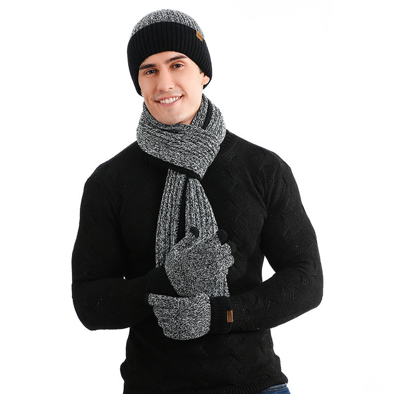Autumn And Winter New Color Matching Knitted Hat Thickened Scarf Gloves Three-piece Set
