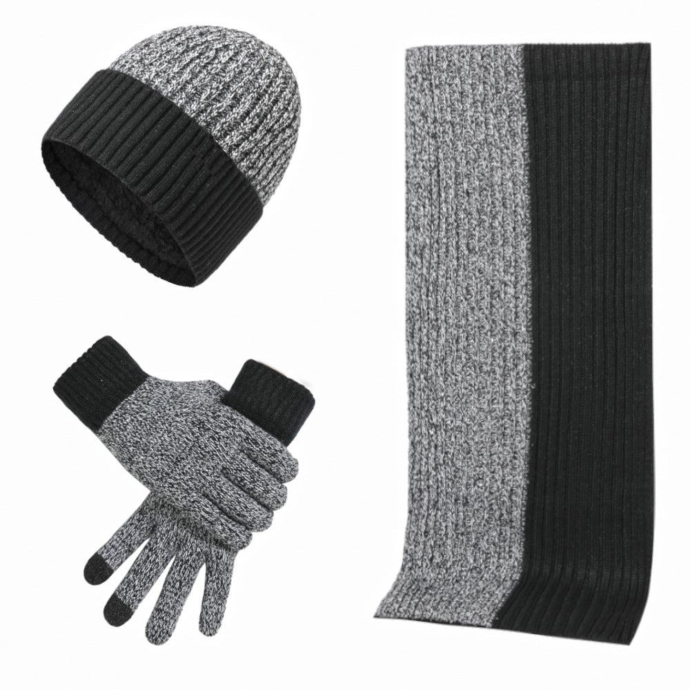 Autumn And Winter New Color Matching Knitted Hat Thickened Scarf Gloves Three-piece Set