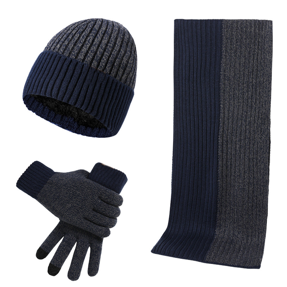 Autumn And Winter New Color Matching Knitted Hat Thickened Scarf Gloves Three-piece Set