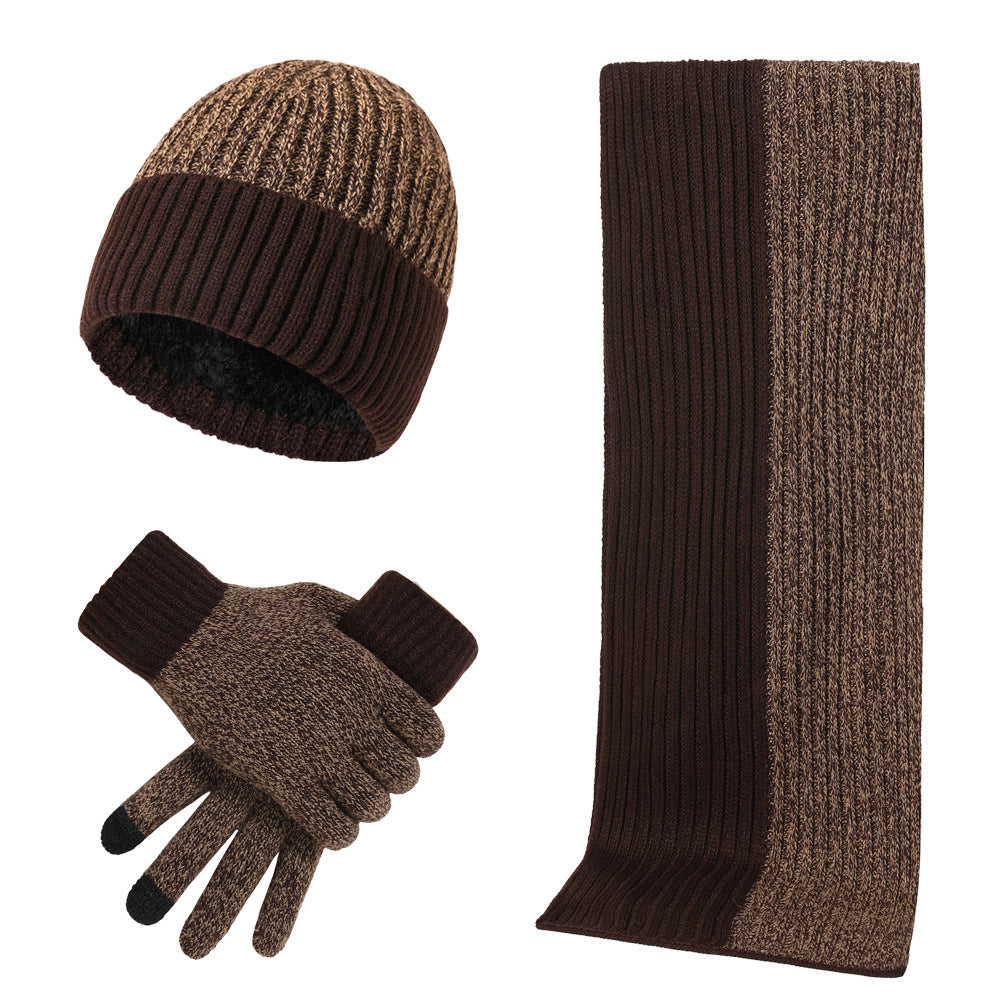 Autumn And Winter New Color Matching Knitted Hat Thickened Scarf Gloves Three-piece Set