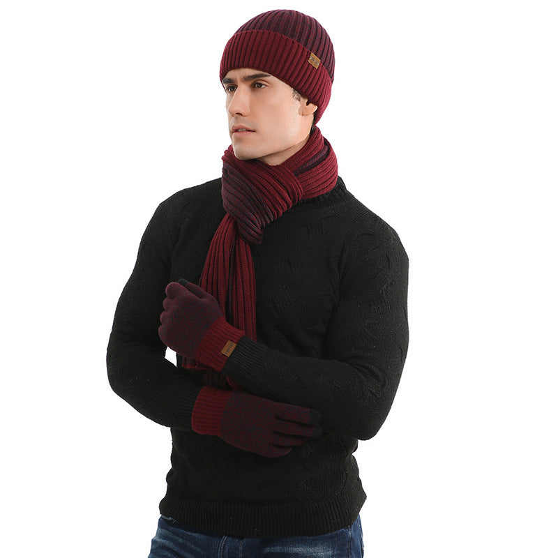 Autumn And Winter New Color Matching Knitted Hat Thickened Scarf Gloves Three-piece Set