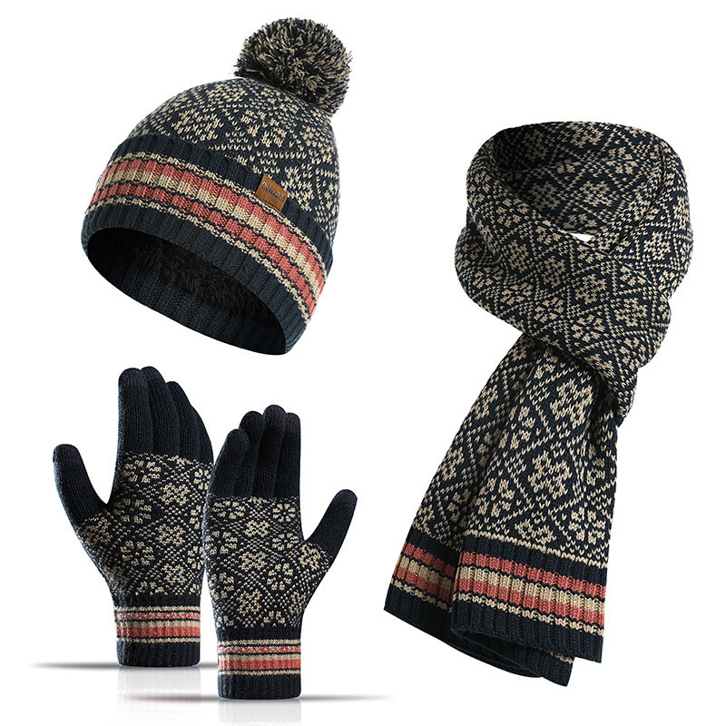 Knitted Retro Pattern Hat Thickened Scarf Touch Screen Gloves Three-piece Set