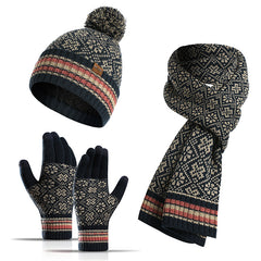 Knitted Retro Pattern Hat Thickened Scarf Touch Screen Gloves Three-piece Set