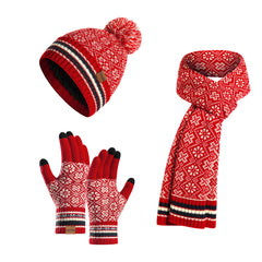 Knitted Retro Pattern Hat Thickened Scarf Touch Screen Gloves Three-piece Set