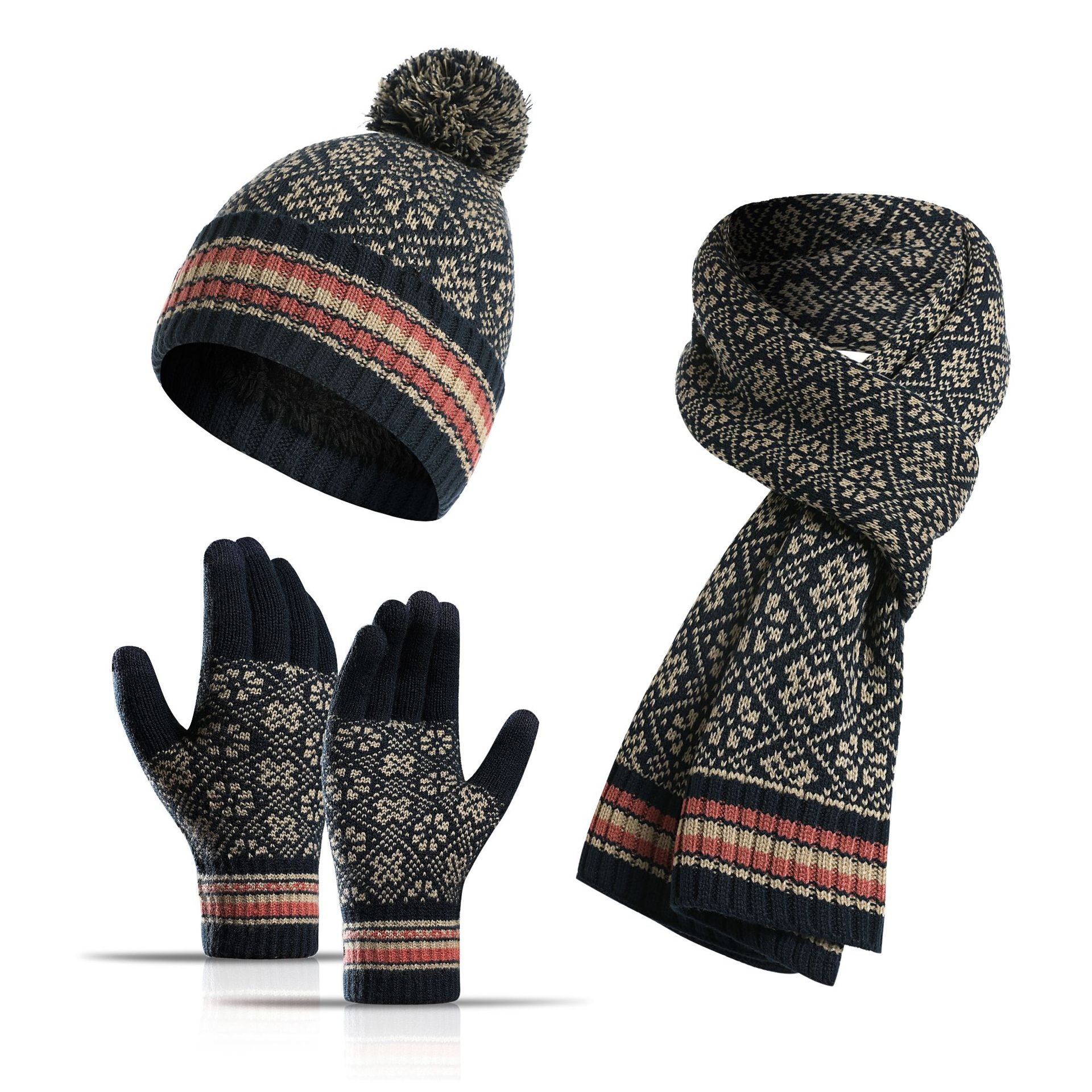 Knitted Retro Pattern Hat Thickened Scarf Touch Screen Gloves Three-piece Set