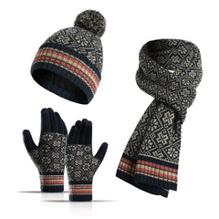 Knitted Retro Pattern Hat Thickened Scarf Touch Screen Gloves Three-piece Set