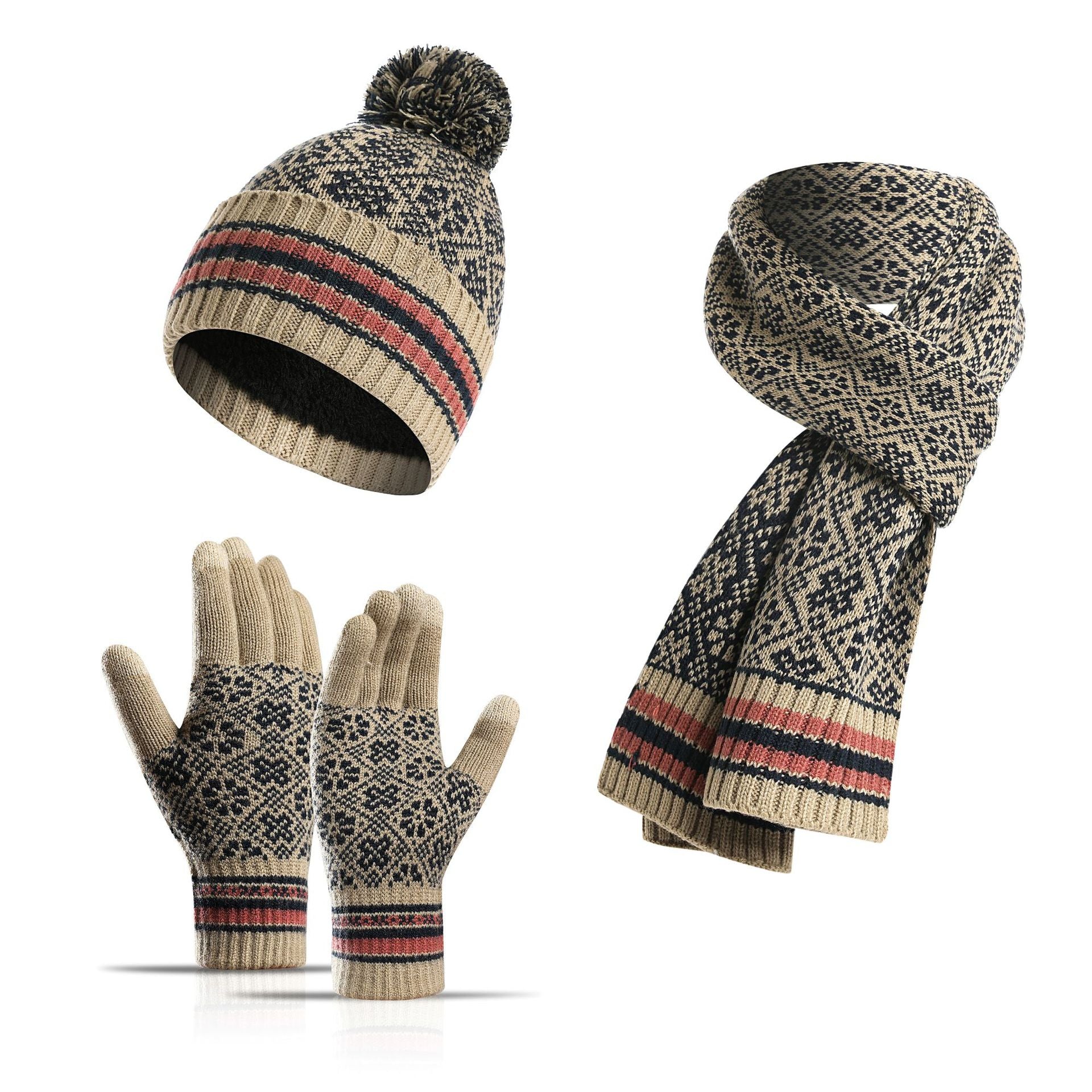 Knitted Retro Pattern Hat Thickened Scarf Touch Screen Gloves Three-piece Set