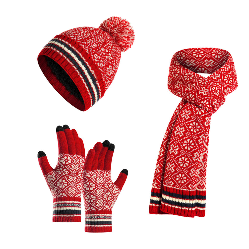 Knitted Retro Pattern Hat Thickened Scarf Touch Screen Gloves Three-piece Set