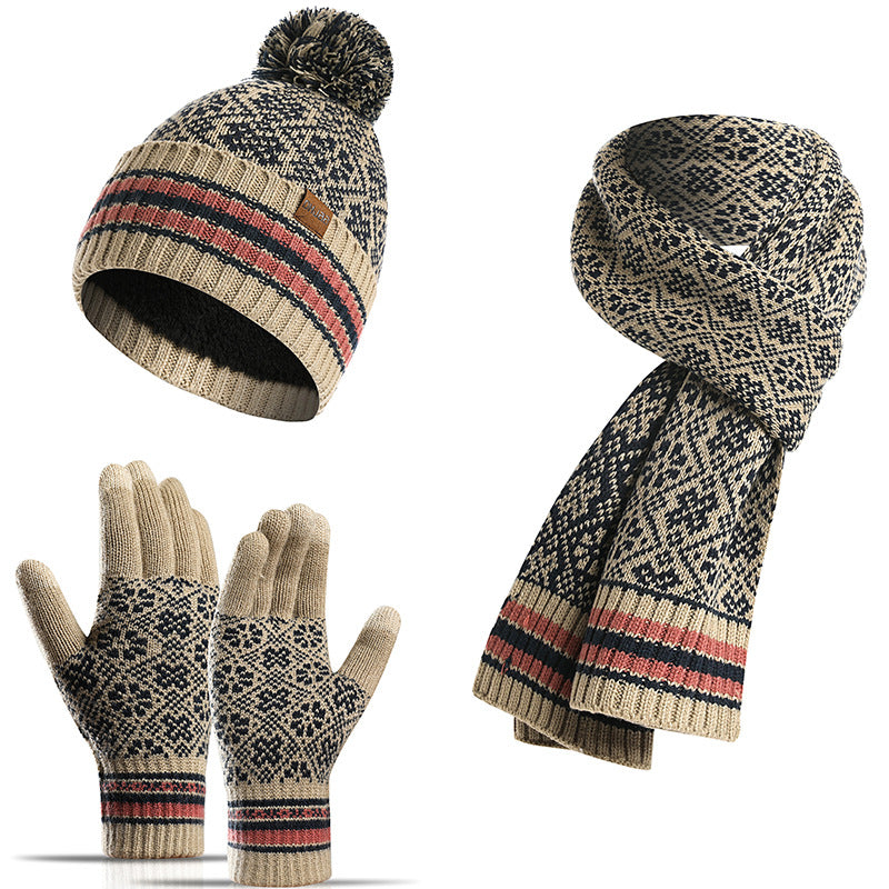 Knitted Retro Pattern Hat Thickened Scarf Touch Screen Gloves Three-piece Set