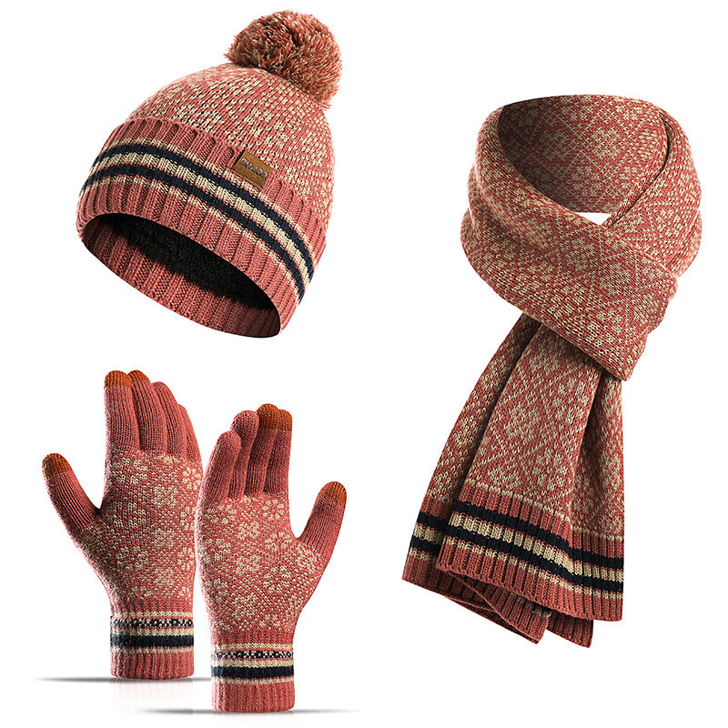 Knitted Retro Pattern Hat Thickened Scarf Touch Screen Gloves Three-piece Set