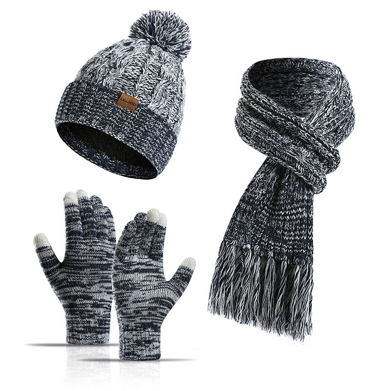 Knitted Mixed Color Hat Thickened Scarf Touch Screen Gloves Three-piece Set